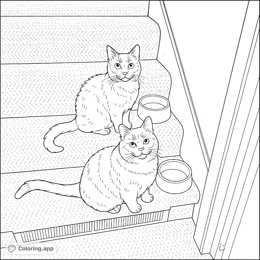 Discover two charming felines nestled on a carpeted staircase with their food bowls. A detailed cat coloring page perfect for pet lovers and animal enthusiasts.