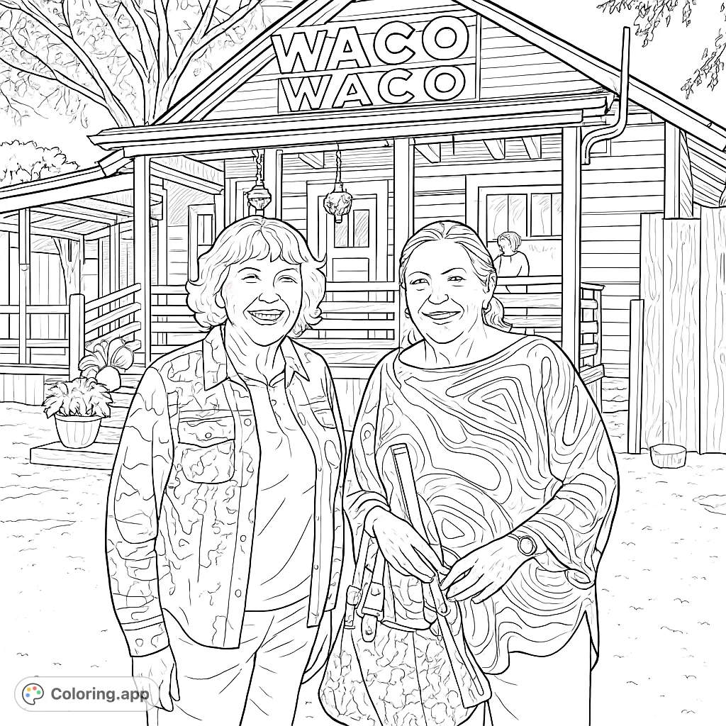 Two smiling women in abstract patterned tops stand before a charming building with a 'Waco Waco' sign. A delightful scene for creative coloring.