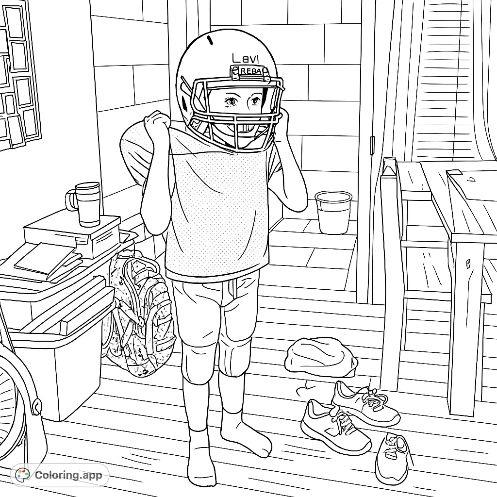 A dynamic young football player in full gear, helmet on, ready for action. Perfect for aspiring athletes to color and enjoy.
