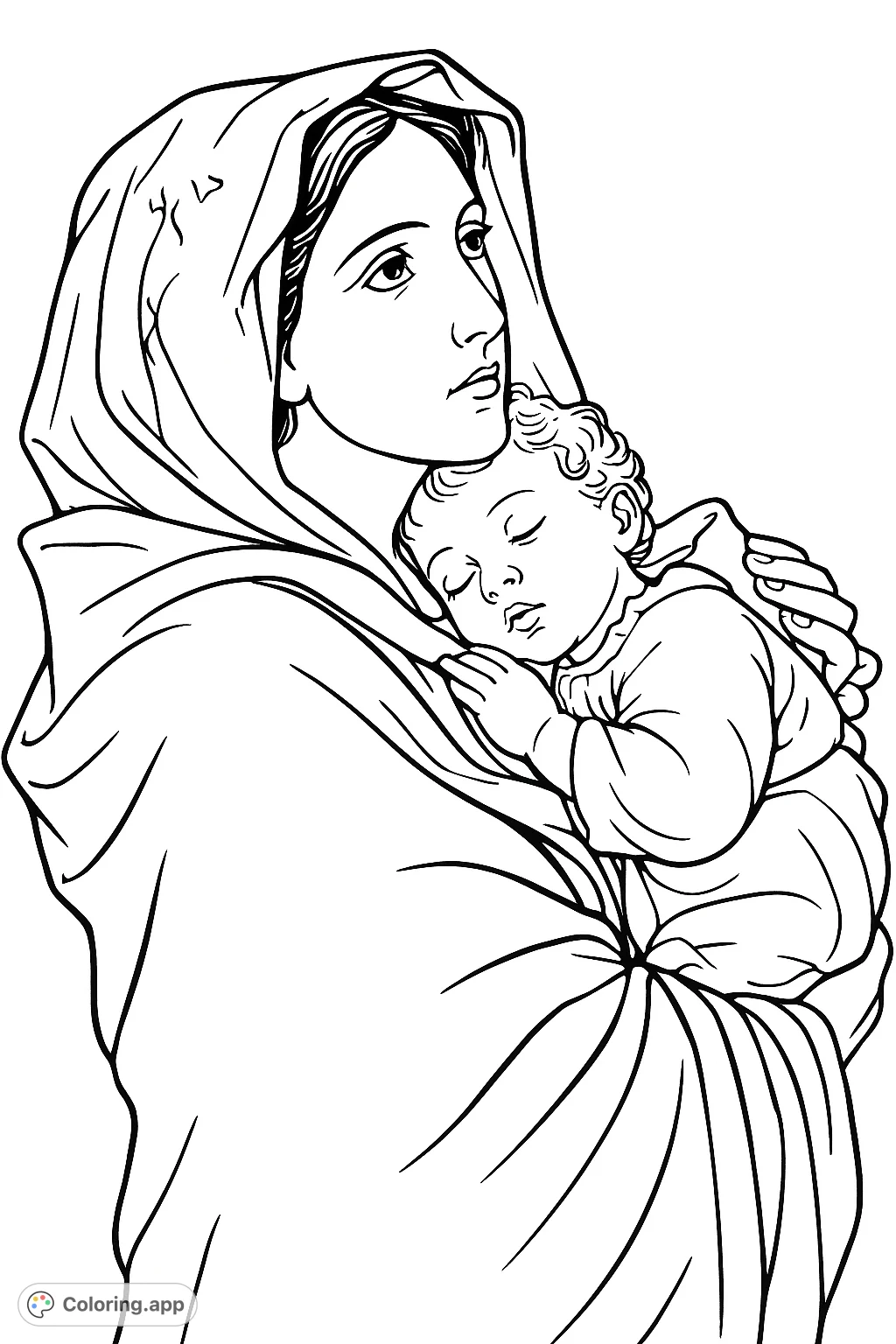 A tender depiction of a woman holding a peacefully sleeping infant, full of warmth and devotion. A beautiful religious or maternity coloring page.