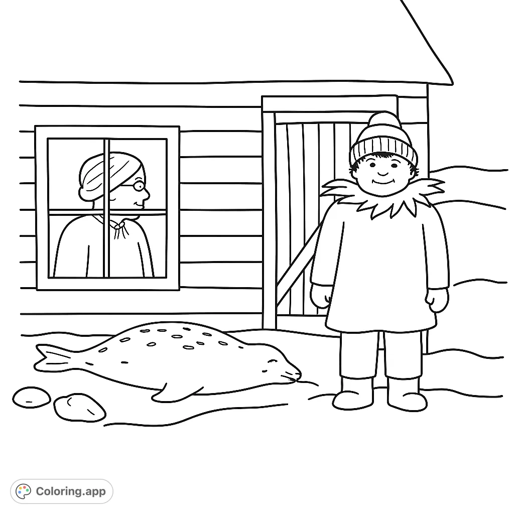 A heartwarming winter scene featuring a cheerful child, a curious seal, and an adult at a window of a cozy cabin, perfect for imaginative coloring.