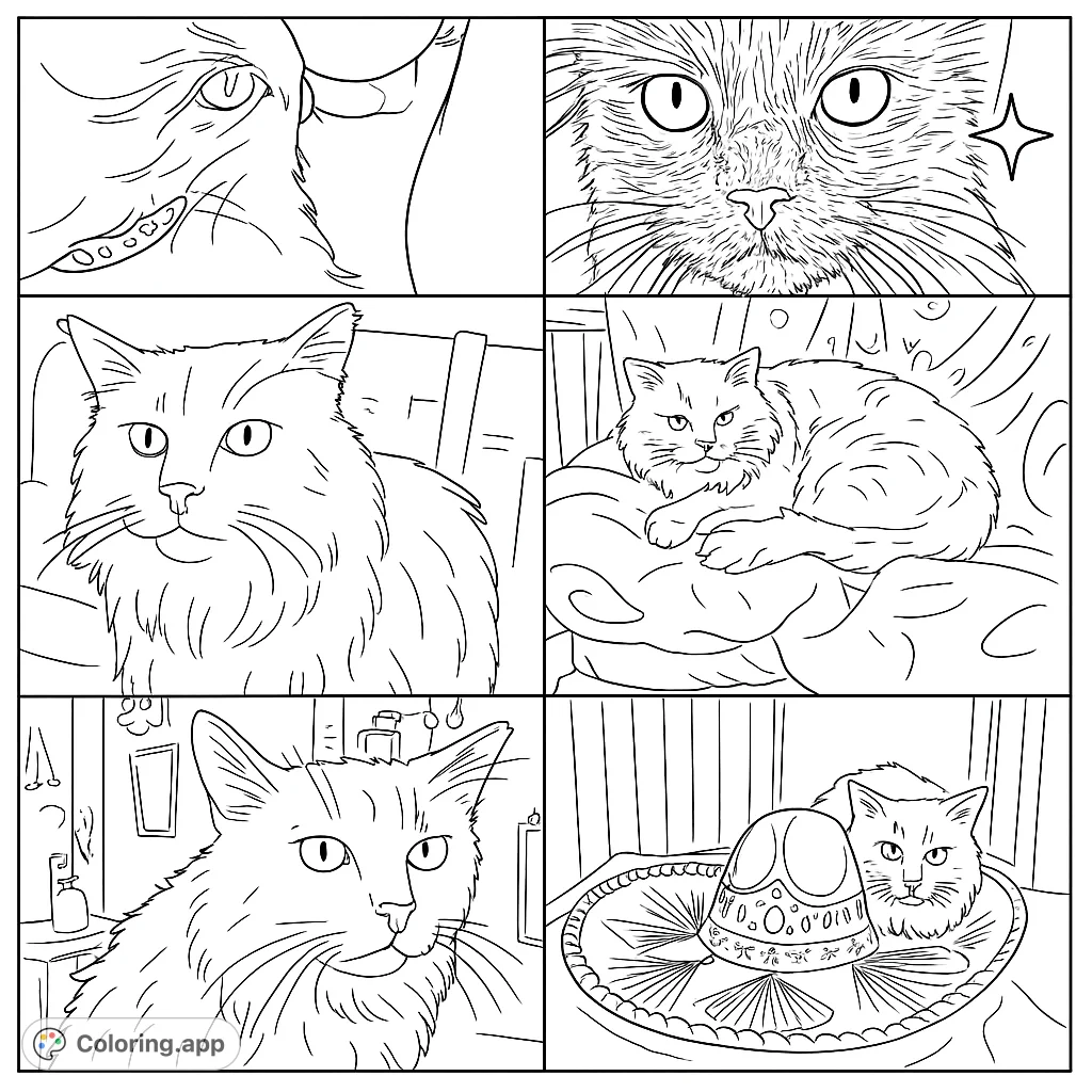 Discover a charming collage of a fluffy feline in six unique scenes. Perfect for cat lovers to color and personalize each adorable moment.