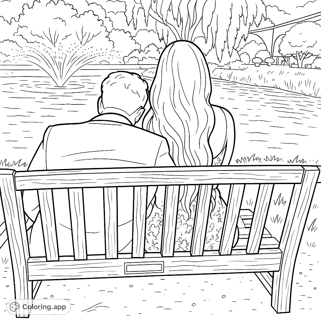 Capture a serene moment with this romantic coloring page featuring a couple on a park bench by a fountain-adorned pond. Perfect for relaxation and creativity.