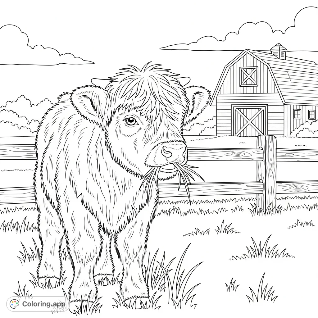 An adorable baby Highland cow with a fluffy, shaggy coat grazes peacefully in a field, with a rustic wooden fence and charming barn in the background.