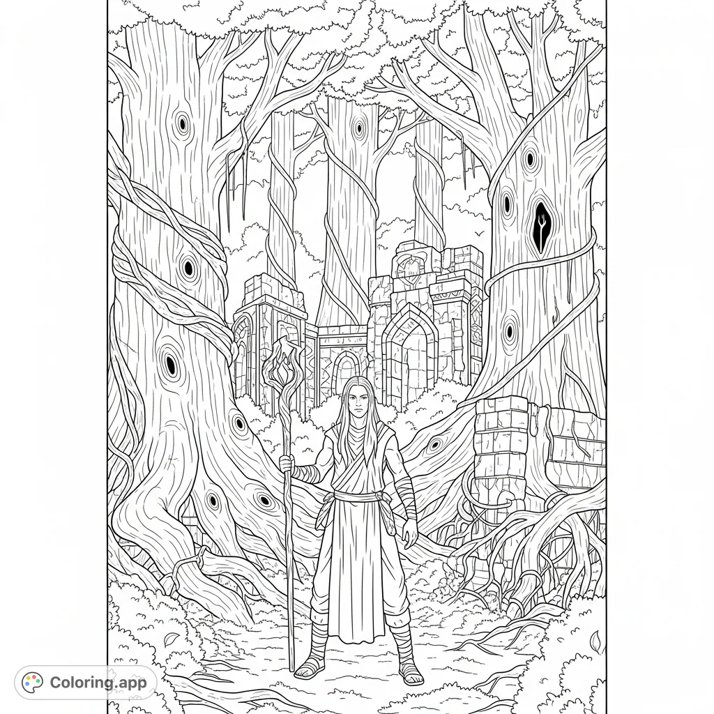 Dive into a fantasy coloring page featuring a Dnd druid among ancient trees and overgrown ruins. A free printable coloring page for adults.