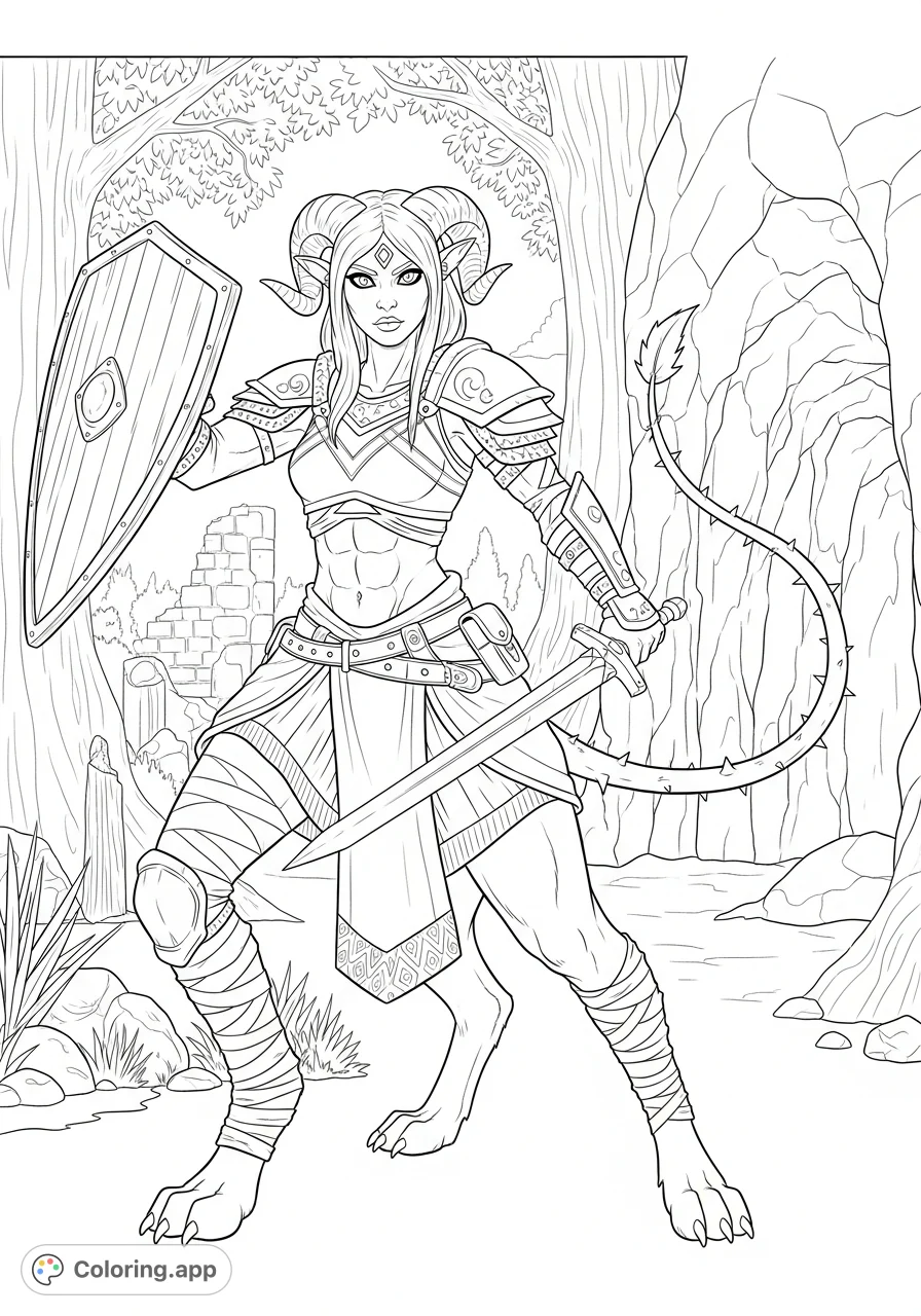 Unleash your creativity on this fierce DnD female warrior, a half-human, half-flesh hound with ram horns, a barbed tail, shield, and sword.