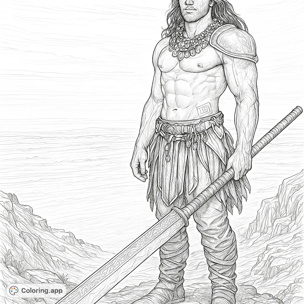 A formidable warrior with a massive sword stands on a rocky cliff overlooking a vast landscape. Features intricate armor details and tribal markings.