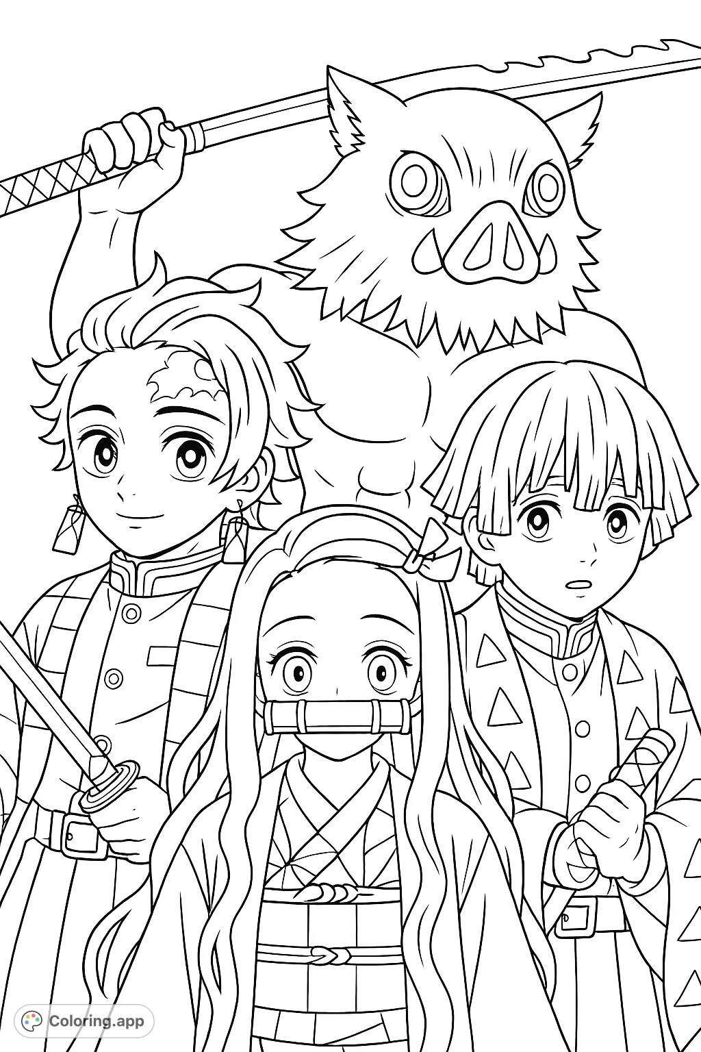 A dynamic anime-inspired coloring page featuring four beloved characters, including a boar-masked figure and sword-wielding heroes, ready for action and creativity.