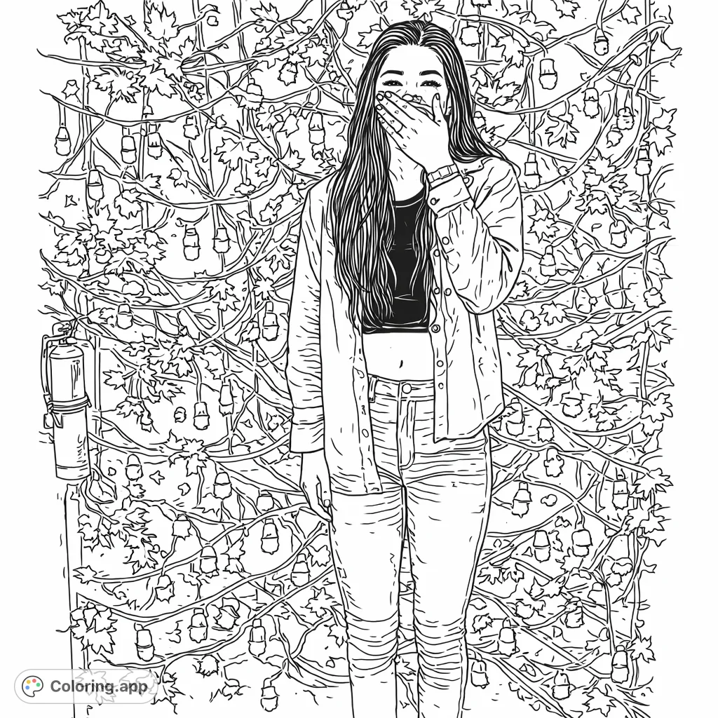 Capture festive cheer with this detailed scene of a person amidst intricate string lights, autumn leaves, and spooky skeletal hand patterns, perfect for Halloween.