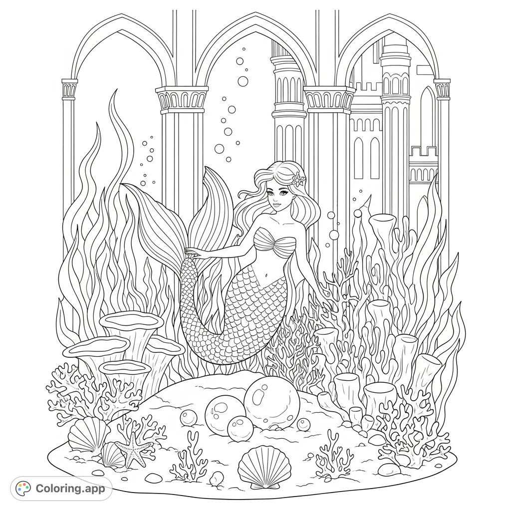 A graceful mermaid explores her enchanting garden, featuring a shimmering pearl bed, nestled within a majestic mermaid castle. A magical fantasy scene.