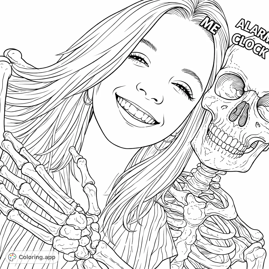 A detailed coloring page featuring a smiling woman and a friendly skeleton, perfect for Halloween or those who enjoy a touch of playful macabre.