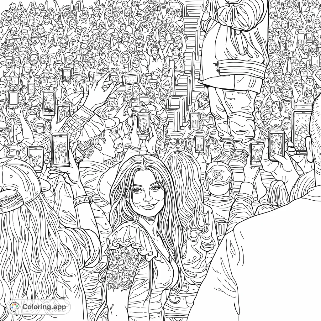 Immerse yourself in a lively concert scene with a smiling individual amidst a cheering crowd, many holding phones to capture the moment. A highly detailed free printable concert coloring page.