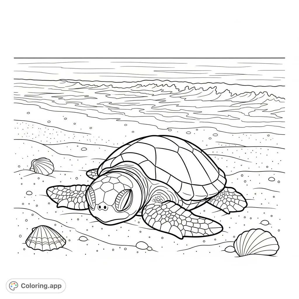 Discover a heartwarming baby turtle coloring page featuring a tiny turtle peacefully sleeping on a sun-drenched beach with gentle waves.