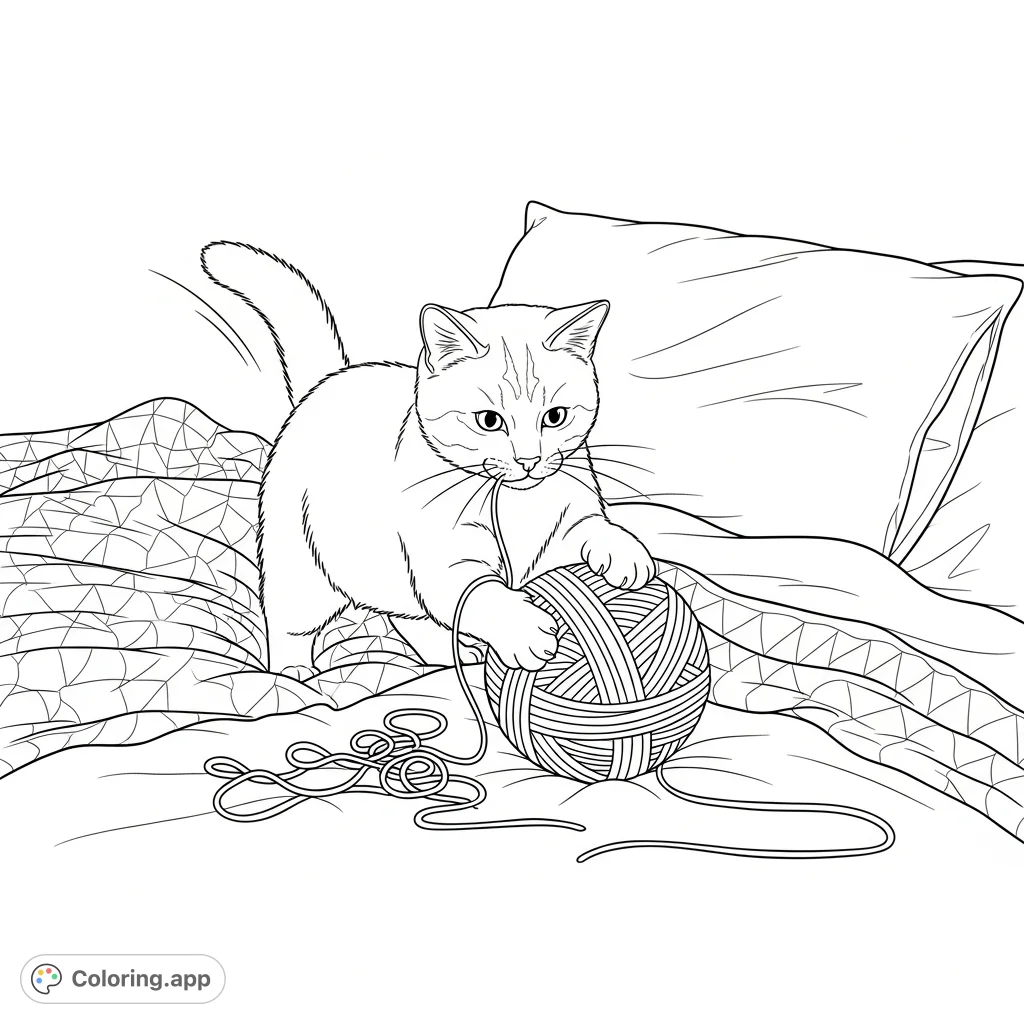 A playful cat enthusiastically tangles with yarn on a cozy bed. A delightful scene, perfect for animal lovers to color and relax.