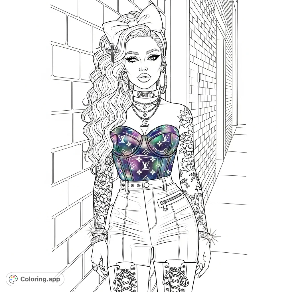 A chic woman in an urban alley, featuring voluminous hair, striking makeup, "Louis Vuitton" bustier, detailed tattoos, leather pants, and lace-up boots. Perfect for adult colorists!