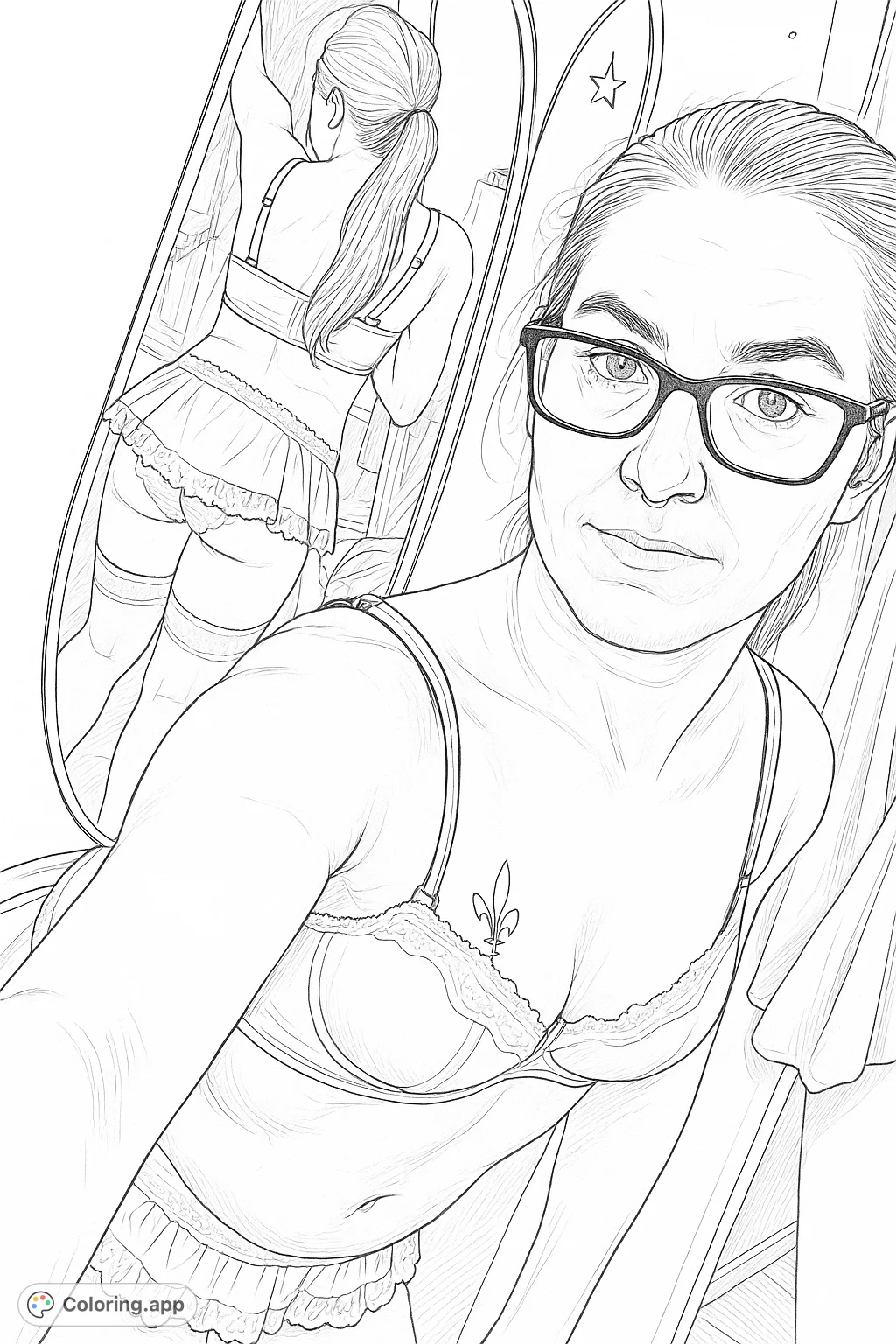 An alluring intimate wear scene featuring a person striking a pose in front of a mirror, with detailed lingerie and accessories. Perfect for adult coloring.