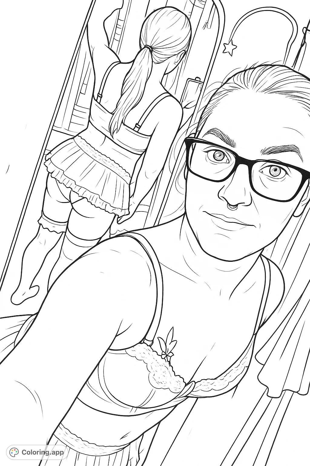 Capture a unique mirror selfie scene featuring a person in a playful ensemble with detailed lace and ruffles. Explore reflections and self-expression.