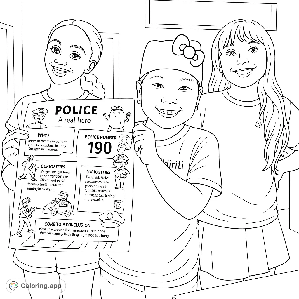 Three cheerful children present an educational 'Police: A real hero' poster, featuring various police-related illustrations and facts for engaging coloring.