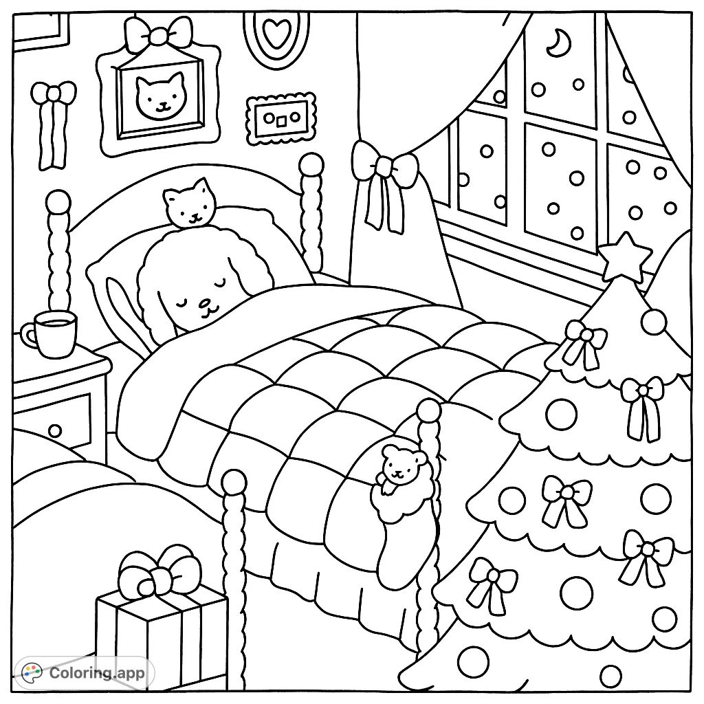 A heartwarming winter scene featuring a sleeping animal and cat in a cozy room filled with holiday decorations, a twinkling tree, and gifts. Perfect for festive fun!