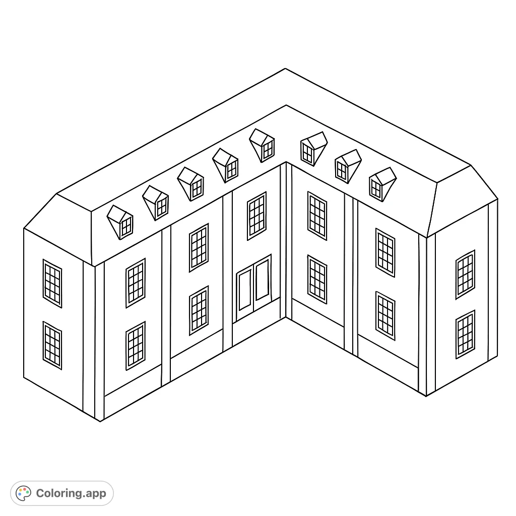 An intricate L-shaped building features numerous grid-patterned windows, a main entrance, and decorative dormer windows along its sloped roof, perfect for detailed coloring.