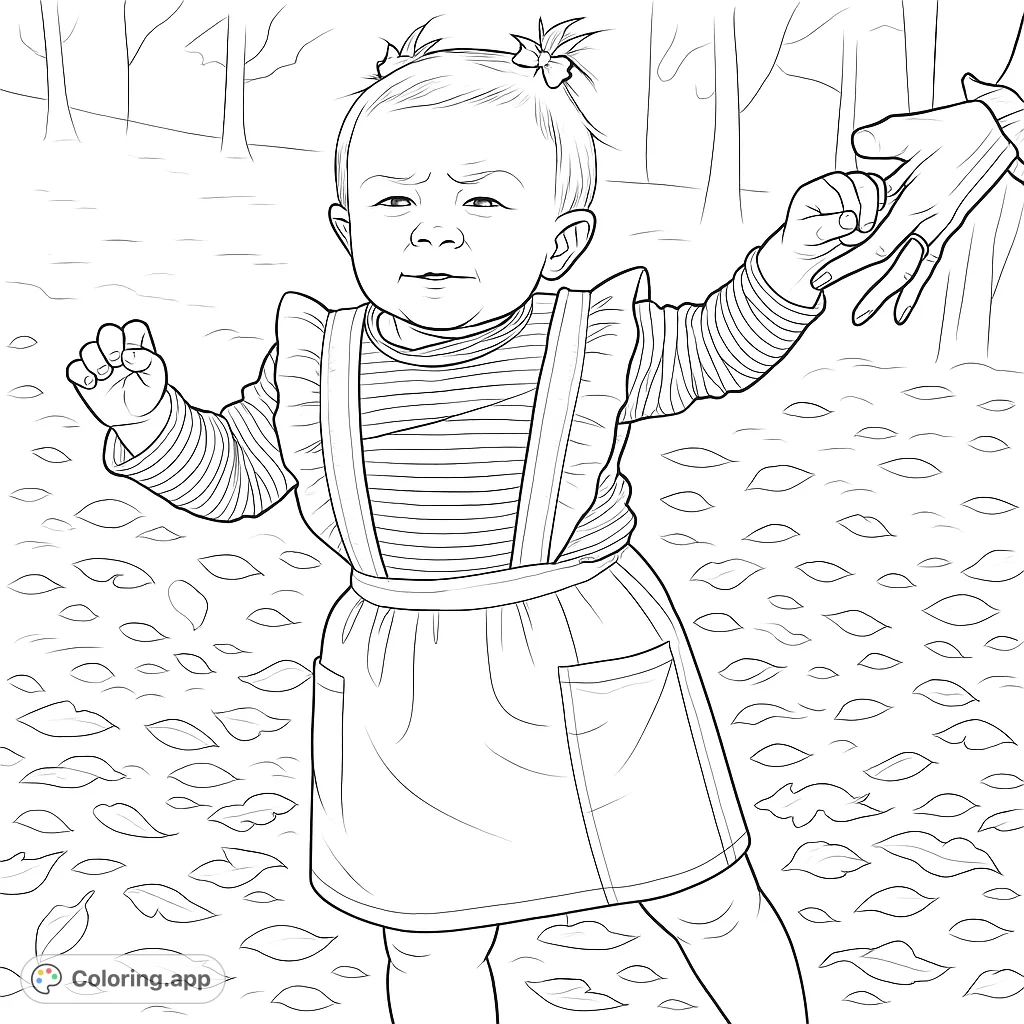 Adorable baby taking first steps with assistance amidst a scattering of autumn leaves, dressed in cute ruffled overalls and a striped top. A heartwarming scene.