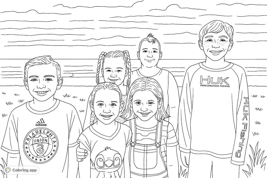 A delightful beach portrait featuring six smiling children, perfect for capturing joyful summer memories and family fun in a coloring page.