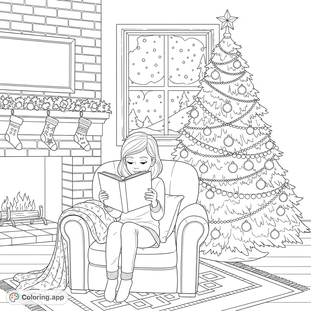 Discover a serene scene of a girl engrossed in a book, surrounded by festive Christmas decorations in a cozy room, perfect for holiday relaxation.