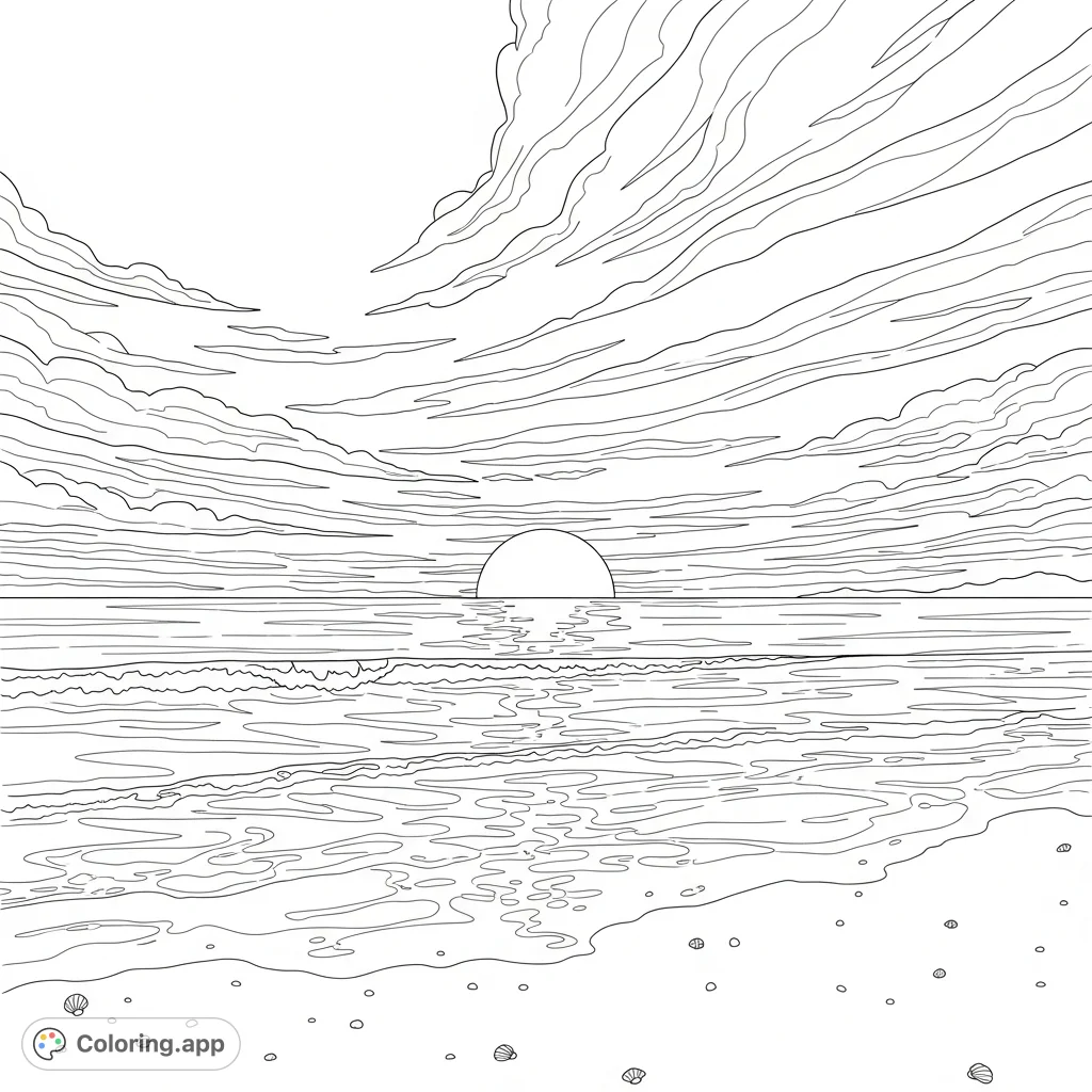 Capture the tranquility of a peaceful beach at twilight. A lone sun dips towards the horizon, casting reflections across gentle waves and untouched sand.