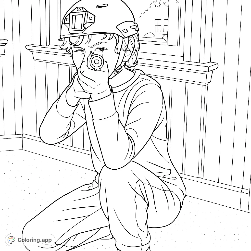 An exciting action-packed scene featuring a young person in a helmet, focused on aiming their toy. Perfect for imaginative play and developing focus.