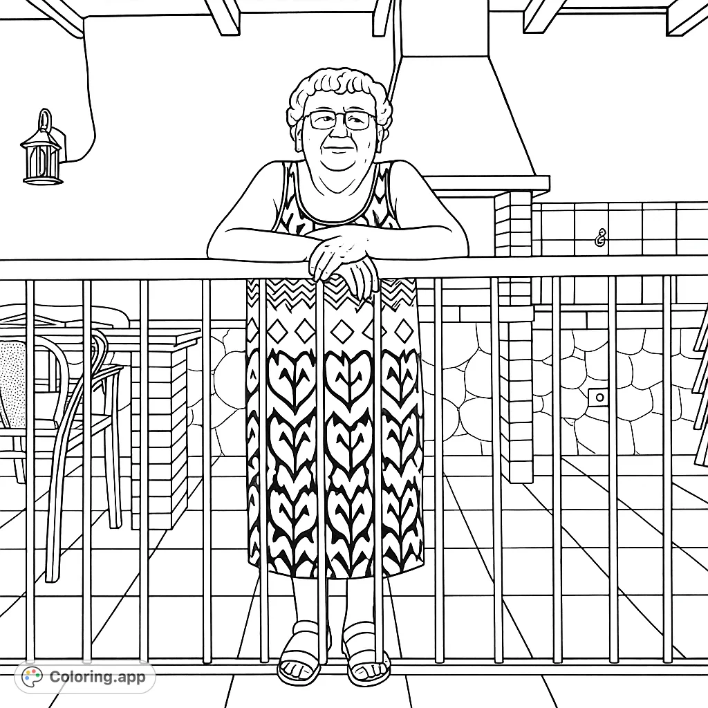 Capture the warmth of an elderly woman with a gentle smile, standing on a patio with a patterned dress. A heartwarming portrait ready for your creative touch.