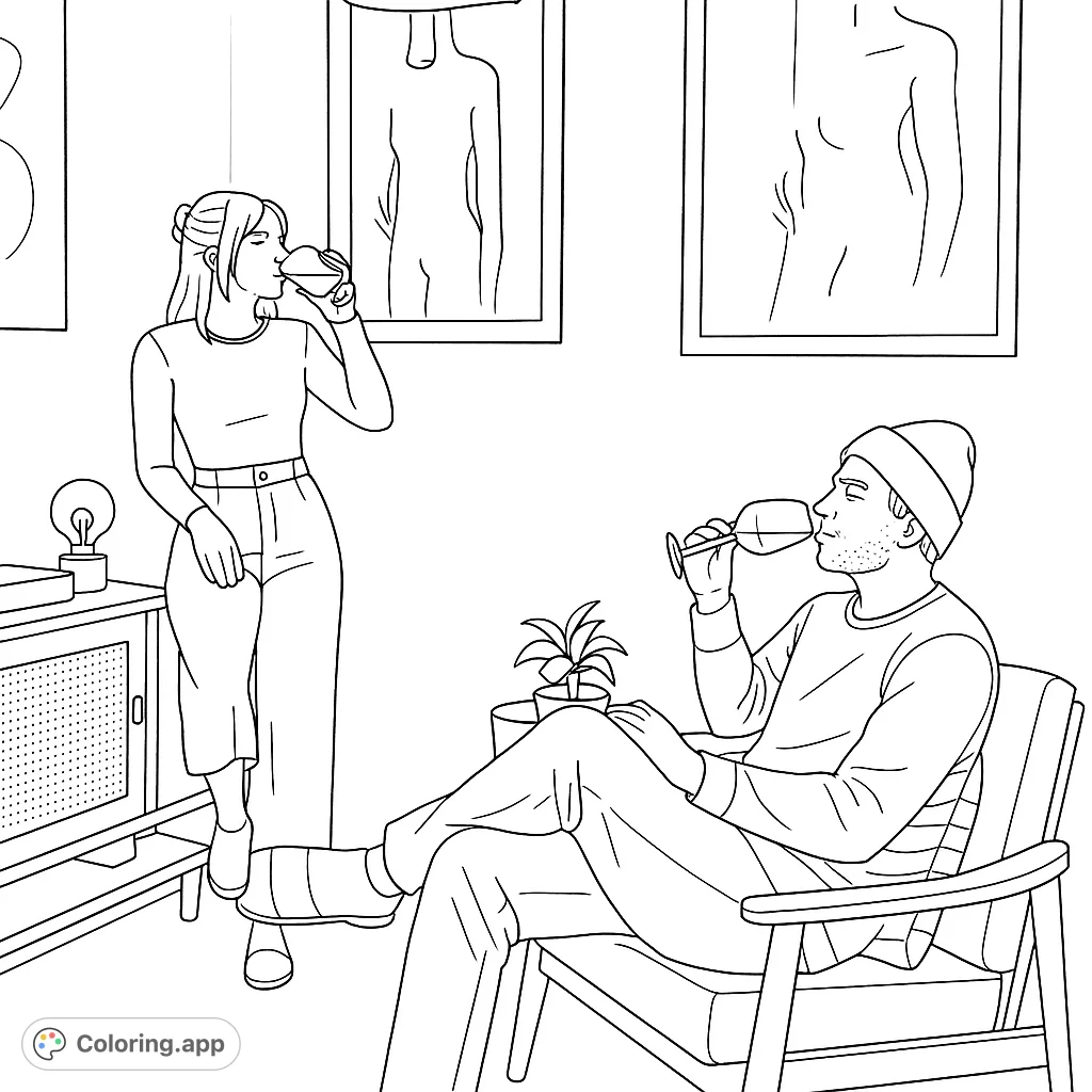 Enjoy a unique coloring page featuring two people relaxing indoors, each holding an oversized stemmed glass. A casual scene with framed art and home decor.