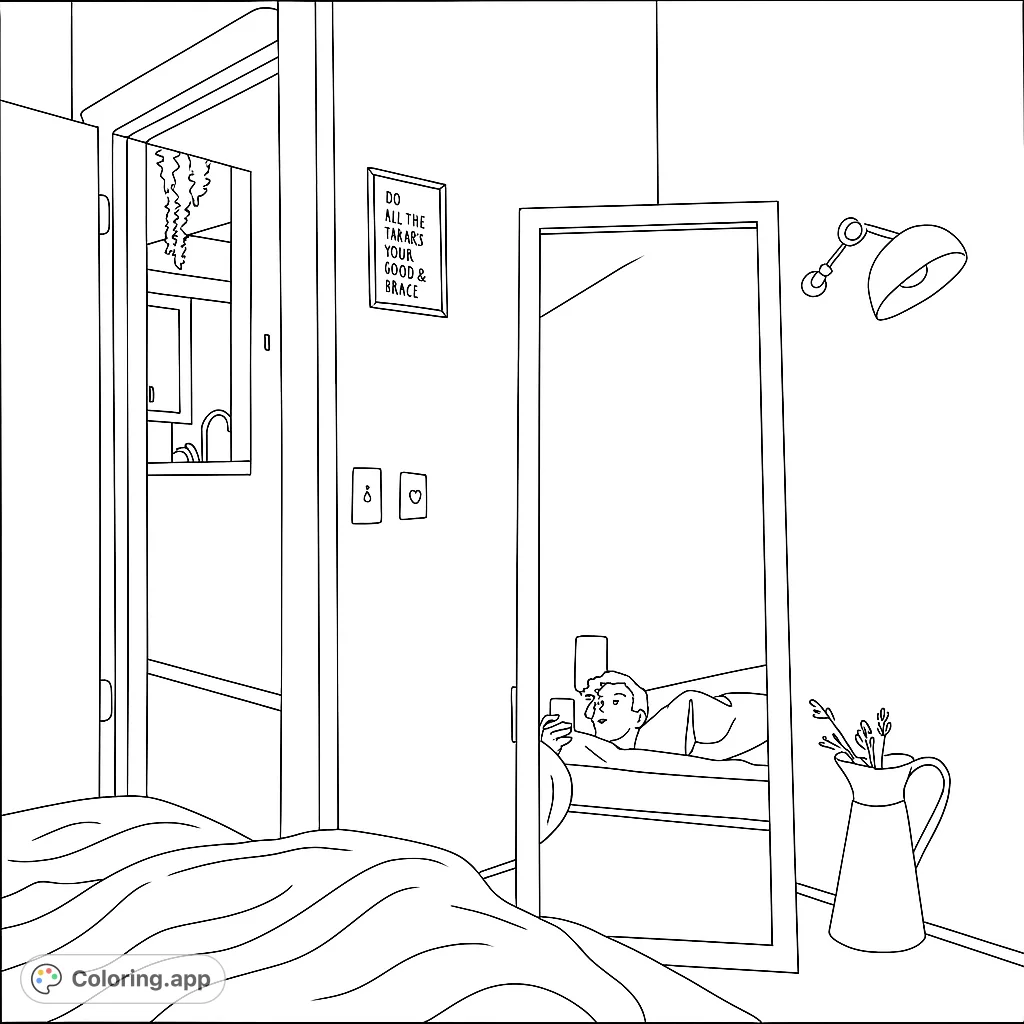 Discover a serene bedroom scene featuring a tall mirror reflecting a person relaxing in bed, surrounded by comforting home decor and an inviting doorway view.