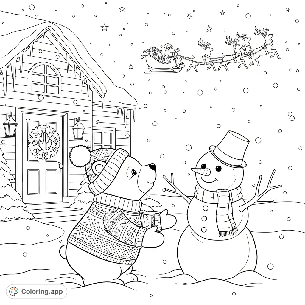 A delightful winter wonderland coloring page featuring a cute bear admiring a snowman under a starry sky, with Santa and his reindeer soaring overhead.