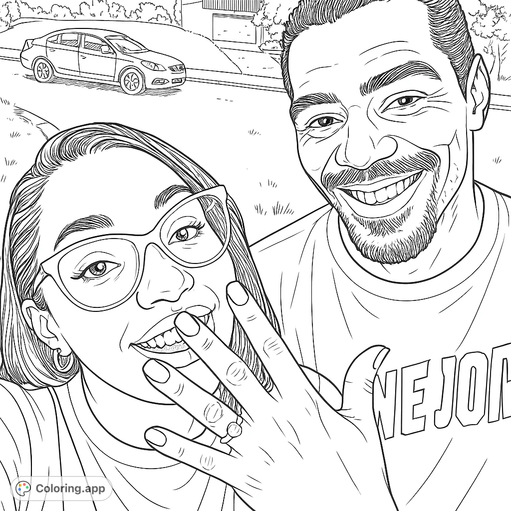 Capture joy with this happy couple selfie coloring page! Featuring two smiling individuals and a detailed suburban background, perfect for a fun coloring session.