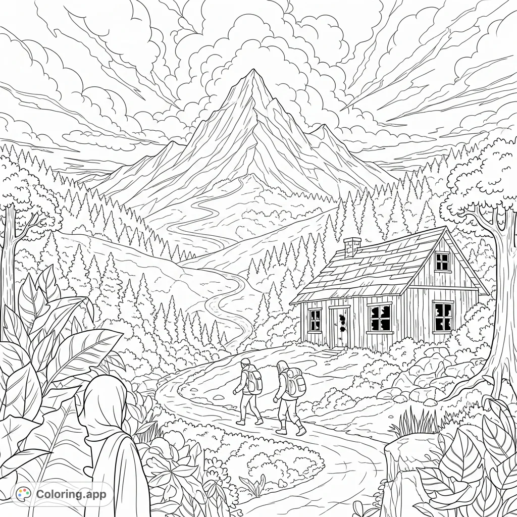 Explore a layered scene of a stormy mountain peak, a dense forest with an abandoned cottage, and two lost travelers. A hidden figure adds mystery.