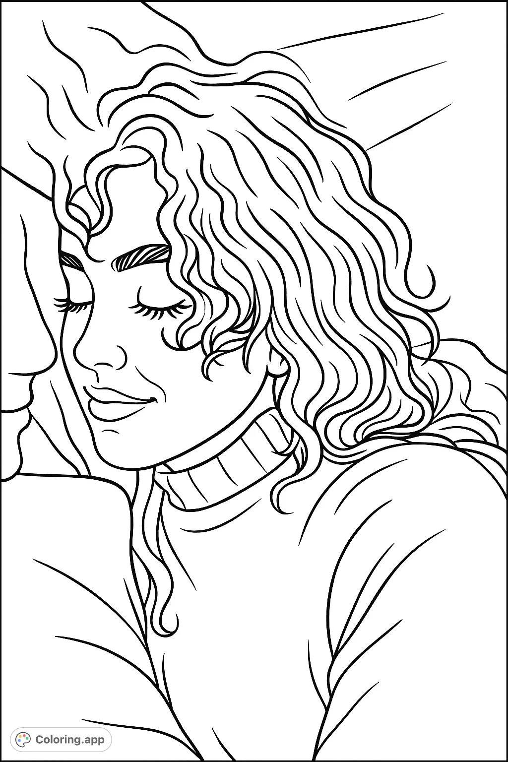 Capture the calm beauty of a curly-haired individual with a gentle expression. This detailed portrait offers a wonderful opportunity for nuanced shading and texture.