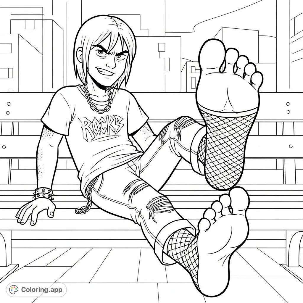 A young man with a unique expression sits casually on a city bench, sporting a rock band shirt, ripped jeans, and fishnets on his bare feet, highlighting his soles.