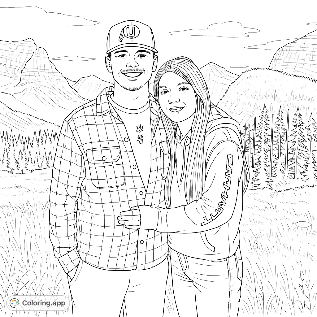 Capture the joy of a young couple against a majestic mountain backdrop. A scenic landscape adventure perfect for expressing your creativity.