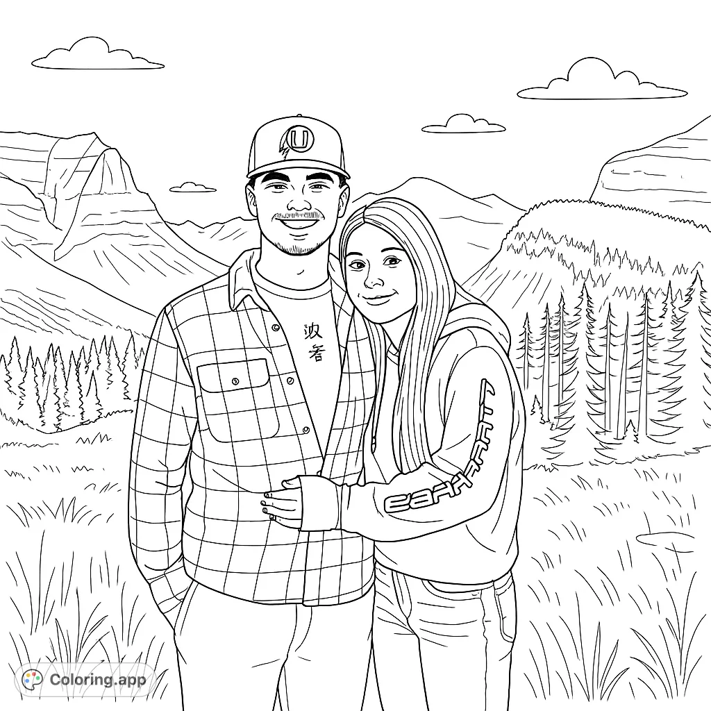 Color a loving couple amidst majestic mountains, dense forests, and grassy fields. A heartwarming scene inviting personal artistic expression.