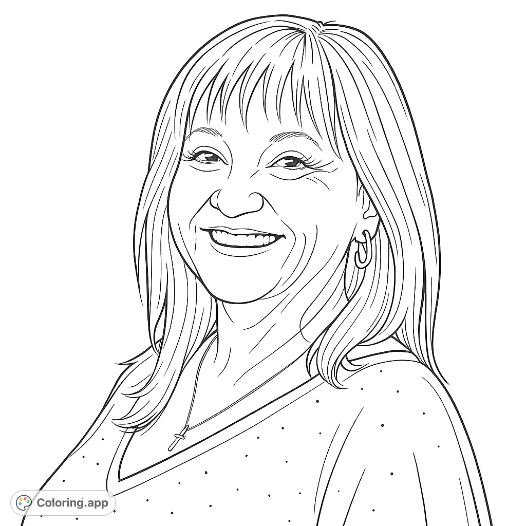 A delightful portrait of a smiling woman, featuring layered hair, detailed facial expressions, and a delicate necklace, perfect for realistic coloring.