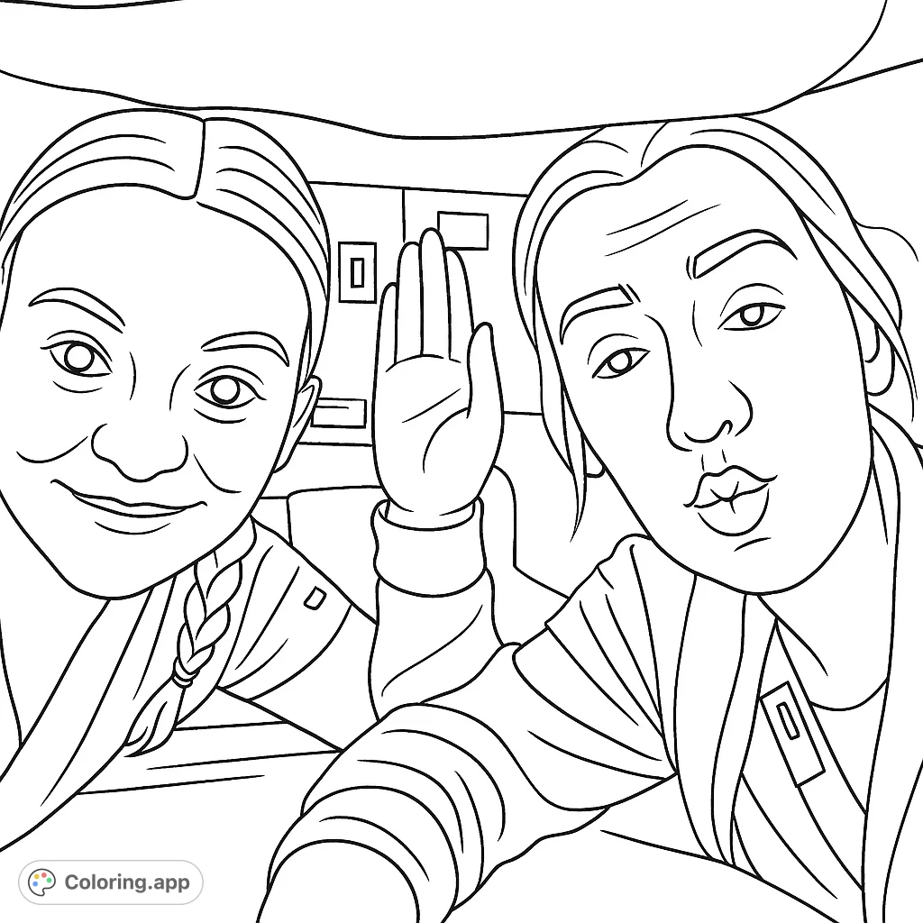 Capture the playful spirit of two friends with distinct expressions and gestures in this engaging portrait coloring page.