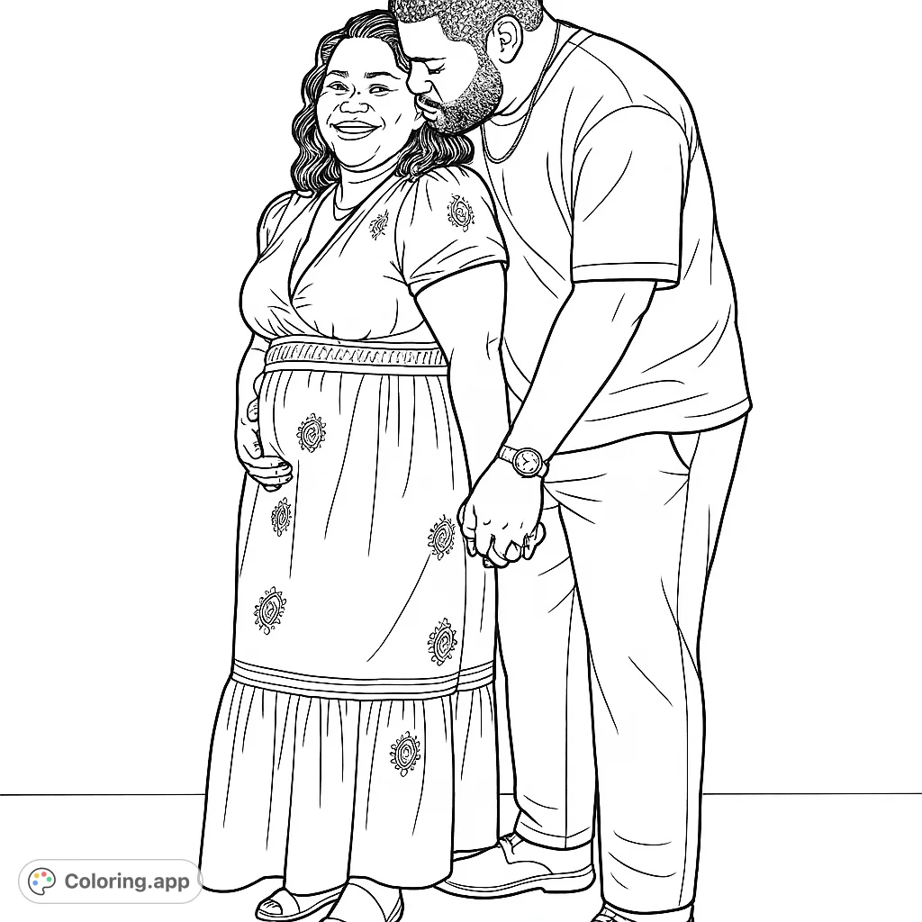 A heartwarming maternity embrace featuring a loving couple. This free printable pregnancy coloring page captures tender moments of anticipation, perfect for family coloring.