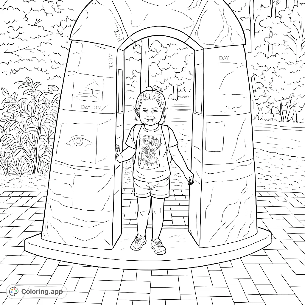 A smiling child stands beneath an artistic archway adorned with creative motifs and words. This engaging art-themed coloring page offers detailed elements.