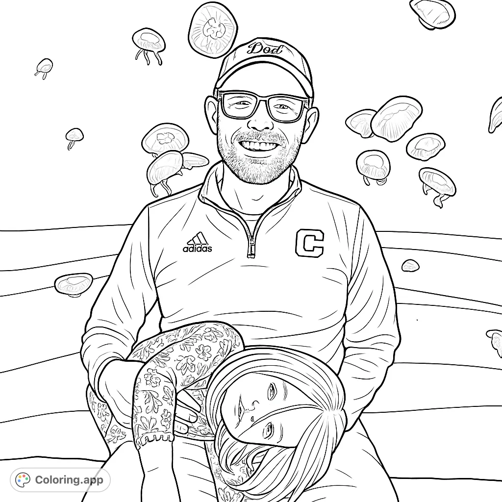 Join a father and daughter in a captivating aquarium scene surrounded by graceful jellyfish. A heartwarming family moment perfect for creative expression.