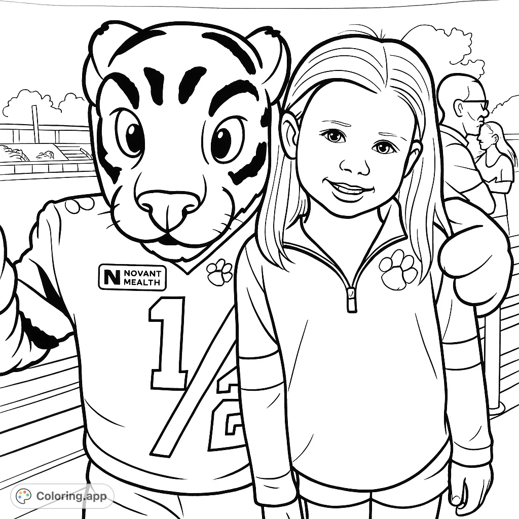 Capture the excitement of a stadium visit with a friendly tiger mascot and a cheerful child. A cartoony sports mascot coloring page.