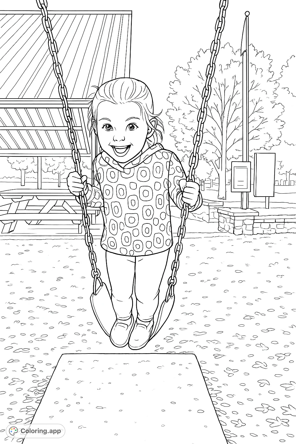 Capture the joy of a child on a swing in this delightful coloring page. Featuring a smiling youngster amidst a playground setting, perfect for creative expression.