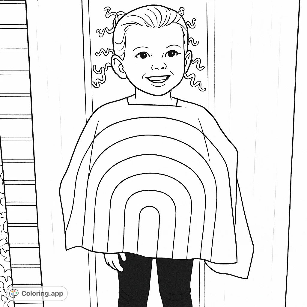 A delightful coloring page featuring a smiling child in a fun cape adorned with concentric arc shapes, and whimsical twisted accessories in their pigtails.