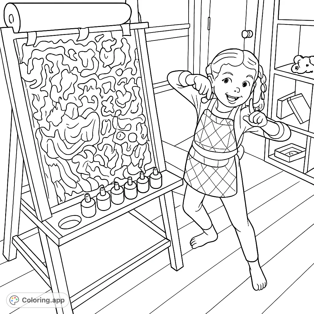 A happy child in an apron stands beside a tall easel with an abstract painting. Includes paint pots and brushes for creative fun.