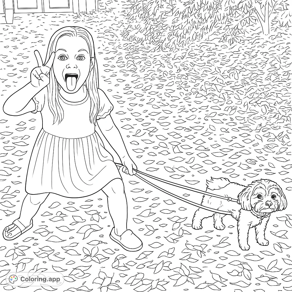 A lively coloring page featuring a child making a playful face and a peace sign while walking a fluffy dog among scattered leaves on an outdoor path.