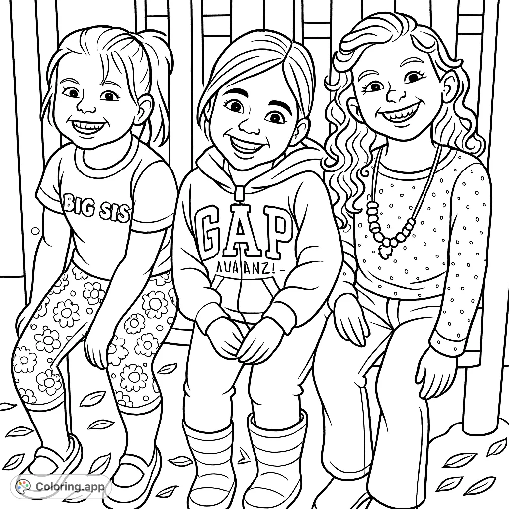 Capture the joy of friendship with this cartoony playground pals coloring page featuring three smiling girls, ready for your creative touch!